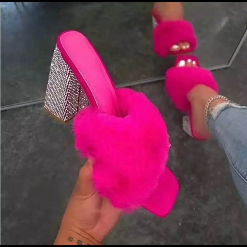 Hot pink fluffy fur block heel sandals